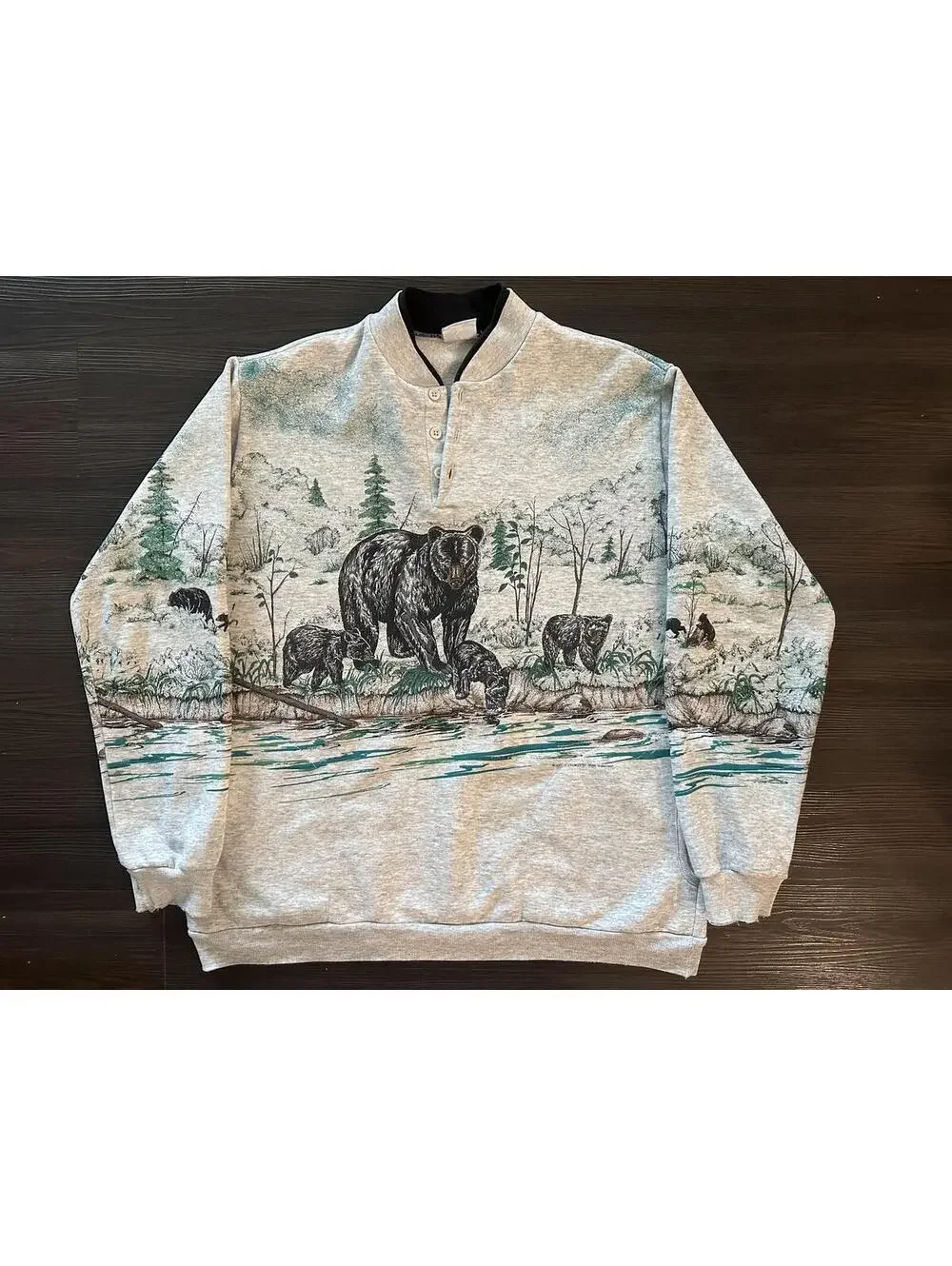 Vintage bear sweater forest river all over print L made in usa - Picture 2 of 7